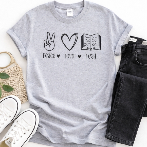 Gildan Tops - Peace Love Read Graphic T Shirt Gray Book Lover Tee Reader Gift Teacher Shirt